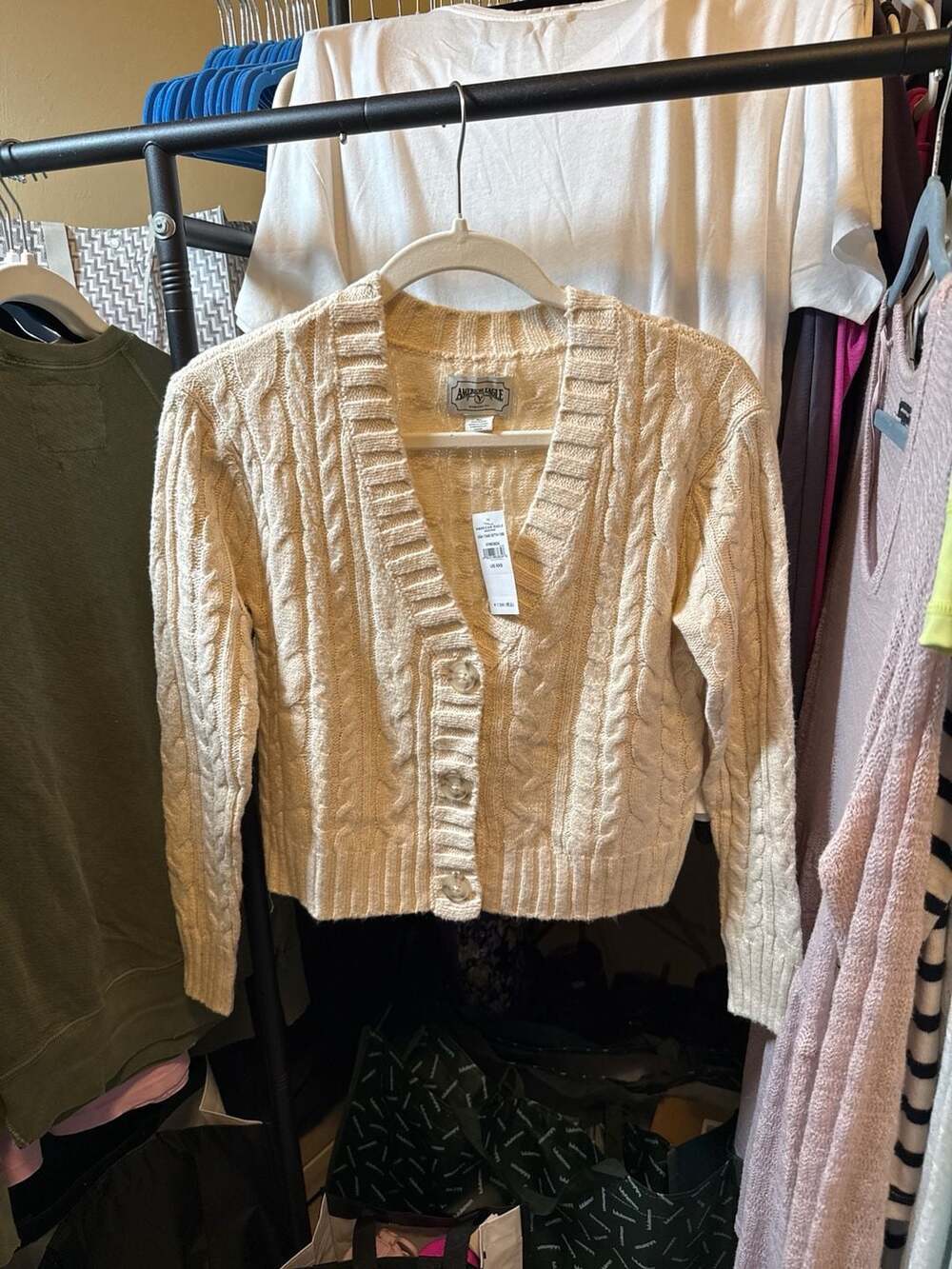 American Eagle Women's Cream Cable Knit Cropped Button-Up Cardigan